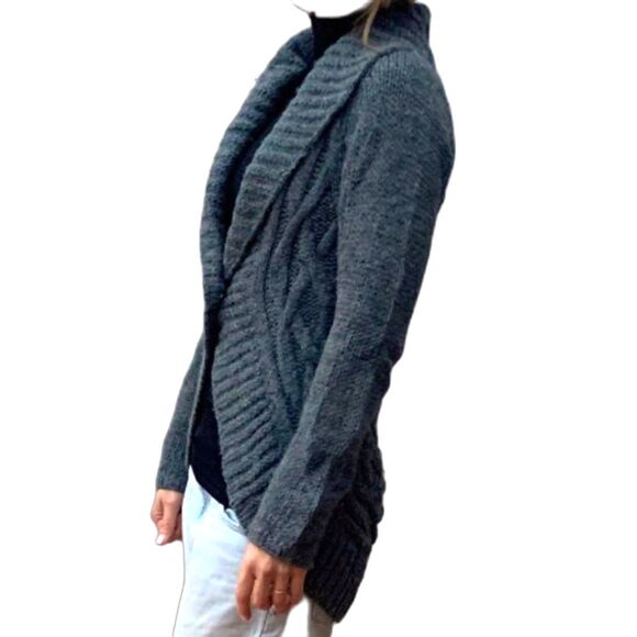 Theory Gray Wool Alpaca Blend Shawl Collar Chunky Cable Knit Cardigan Size S - Picture 1 of 13